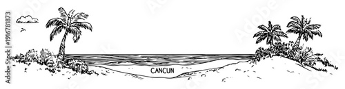 Cancun beach with palm trees and sea minimal vector drawing