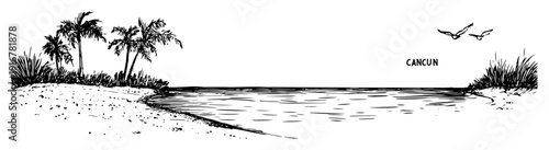 Tropical beach in cancun with palm trees and waves hand-drawn illustration