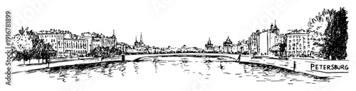 St petersburg city panorama with river and buildings hand-drawn illustration