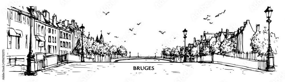 Fototapeta premium Bruges city canal with historic architecture hand-drawn line art