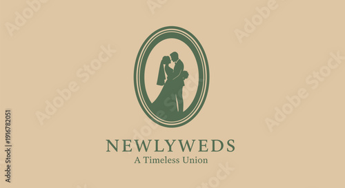 Elegant Silhouette of Newlyweds in Oval Frame.
