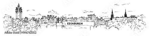 Edinburgh city panorama with skyline and towers line art illustration