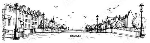 Bruges city canal with historic architecture hand-drawn line art