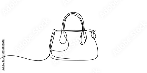 Lady's bag continuous one line drawing, Continuous one line drawing of Lady's hand bag. Women's bag single line art vector illustration. Editable vector, Elegant woman bag one line drawing on white