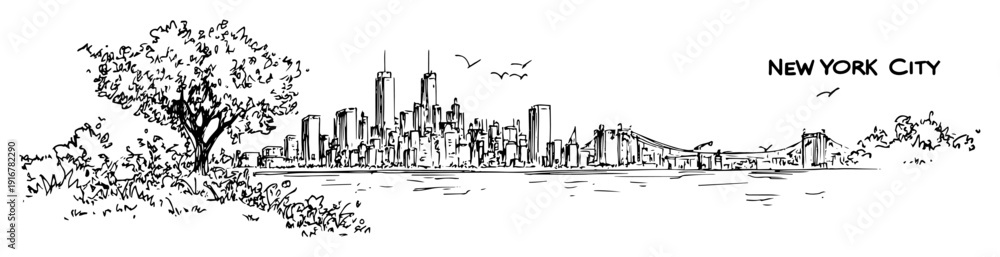 Obraz premium New york city skyline with central park trees hand-drawn vector