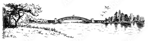 Sydney harbour bridge with skyline and waterfront line art illustration