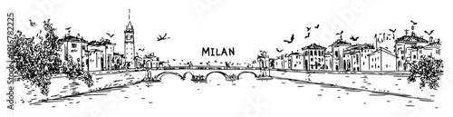 Milan city skyline with river and historic buildings hand-drawn vector