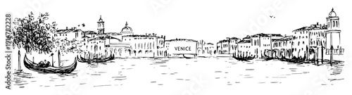 Venice canal with gondola and historic buildings hand-drawn scene