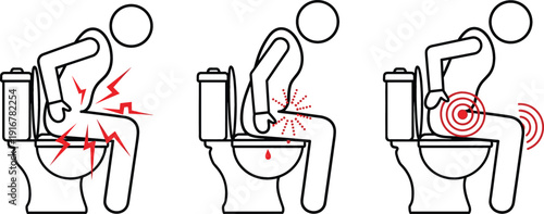 Medical vector illustration showing stick figures with rectal pain and symptoms for hemorrhoids health concept