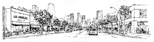Los angeles city street view with skyline and shops hand-drawn urban illustration