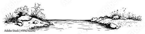 Rocky riverbank landscape with calm water minimal line drawing