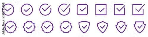 Black check mark icons set. Checkmark vector icon collection. Checked icon or correct choice sign. Check mark or checkbox pictogram. Vector illustration.