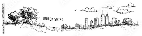 United states skyline with trees and clouds hand-drawn cityscape illustration