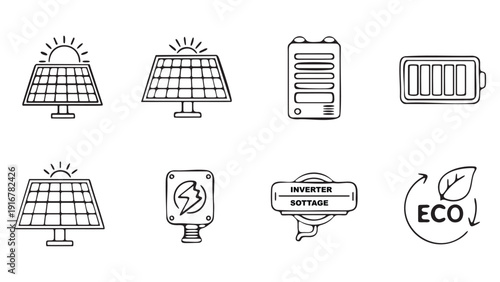 Solar energy and symbols hand drawn panel battery inverter