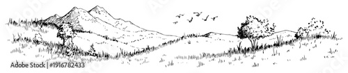 Mountain meadow landscape with trees and birds hand-drawn nature scene