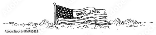 United states flag waving on pole hand-drawn patriotic vector