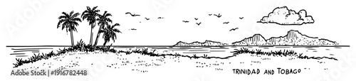 Trinidad and tobago beach with palm trees and ocean hand-drawn scene