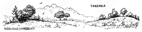 Tanzania savanna landscape with mountains and trees hand-drawn african scene