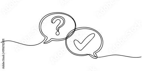 Speech bubbles with question and exclamation mark continuous one line drawing. Dialogue sign. Chat linear symbol. Vector illustration isolated on white, Quick tips. Continuous one line drawing