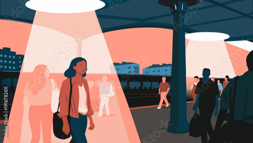 Outdoor metro station with a smooth flow of people exiting, dramatic blue urban lighting.