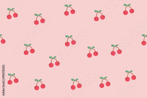 Seamless pattern of red cherries with green leaves scattered on a soft pink background