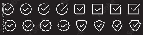 Black check mark icons set. Checkmark vector icon collection. Checked icon or correct choice sign. Check mark or checkbox pictogram. Vector illustration.