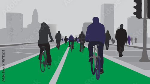 A busy urban street at dusk, with cyclists and pedestrians strolling slowly, warm, cinematic light between skyscrapers.