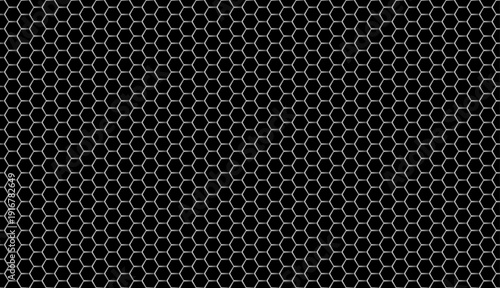 Seamless industrial honeycomb grid pattern featuring high-contrast gray metallic hexagonal cells with subtle highlights on a solid black background