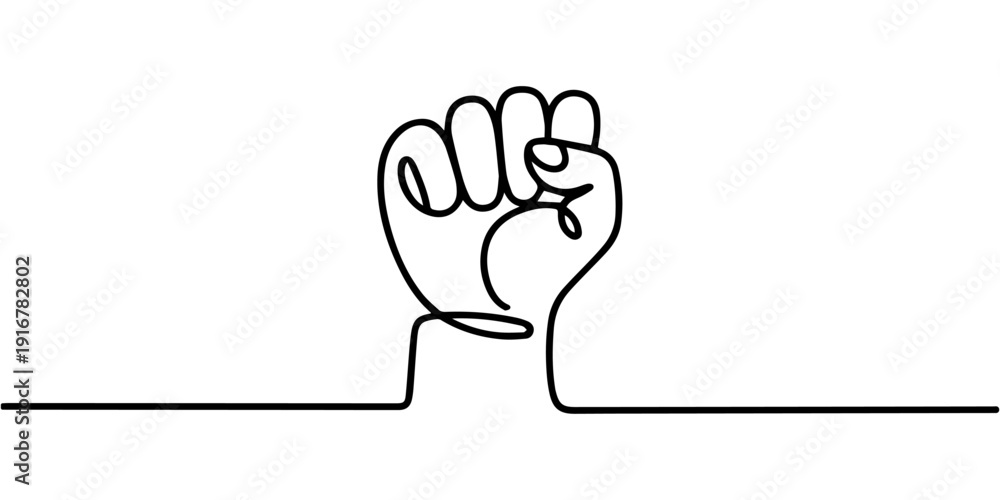 Fototapeta premium Continuous line drawing of strong fist raised up. Human arm with clenched fingers, one line drawing vector illustration, fist upwards one continuous line art. outline border frame, Continuous line.