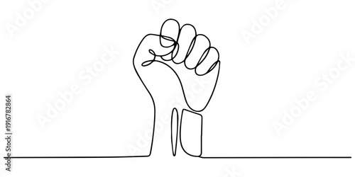Continuous line drawing of strong fist raised up. Human arm with clenched fingers, one line drawing vector illustration, fist upwards one continuous line art. outline border frame, Continuous line.