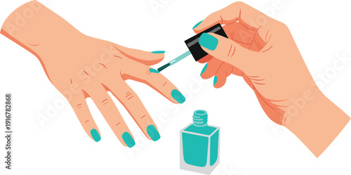 Vector illustration of hands applying turquoise nail polish for manicure beauty salon and female self care concept