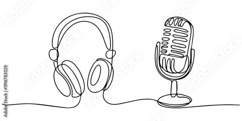 Retro microphone and headphones continuous one line drawing, Retro microphone and headphones radio podcast concept simple continuous one line drawing  . Transparent background png file, Continuous one