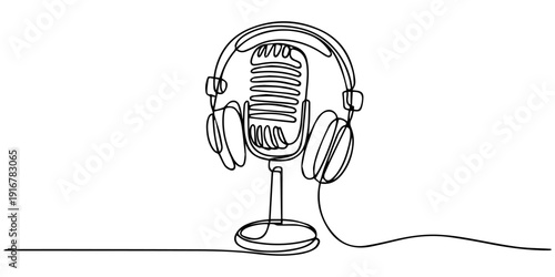 Retro microphone and headphones continuous one line drawing, Retro microphone and headphones radio podcast concept simple continuous one line drawing  . Transparent background png file, Continuous one