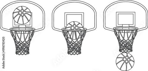 Vector line art set of a basketball hoop and ball showing the scoring sequence in stages