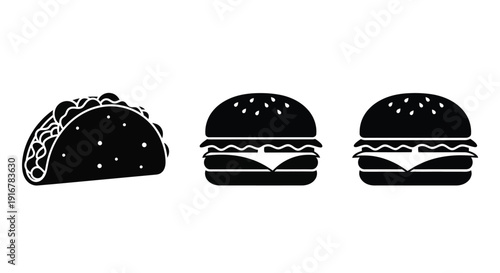Fast food icons featuring a taco and burgers in silhouette