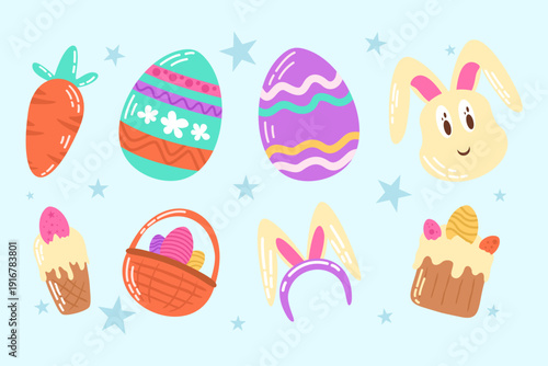 Sweet easter holiday element bunnies eggs element, easter day element set, easter bunny flat design collection set, icon easter day element set, design for print