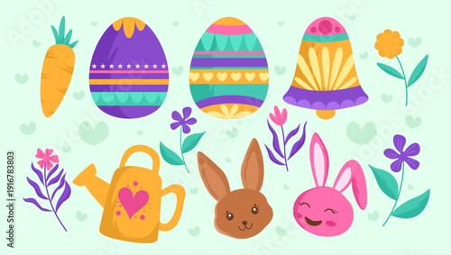 Happy easter spring time elements collection, easter day element set, sticker for print, icon easter collection