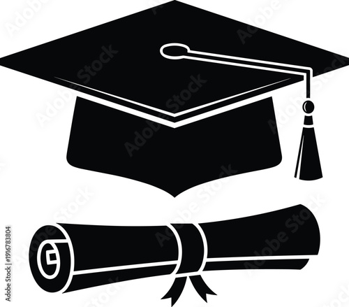 Graduation cap silhouette, diploma scroll, academic success, education achievement, student milestone, commencement ceremony, university degree, scholarly accomplishment, vector illustration, black 