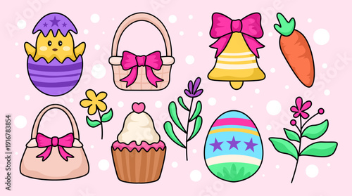 Sweet easter holiday element bunnies eggs element, easter day element set, easter bunny flat design collection set, icon easter day element set, design for print