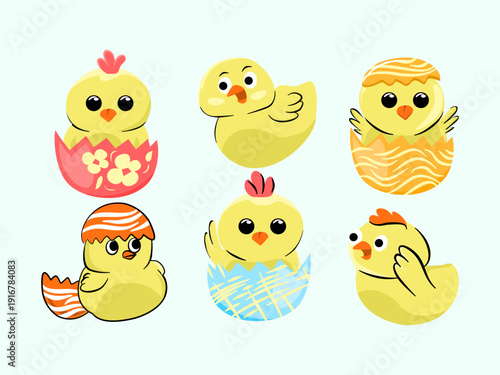 Adorable funny cute yellow little chick character set, cute charcter collection, chick character cute illustration set, sticker for print