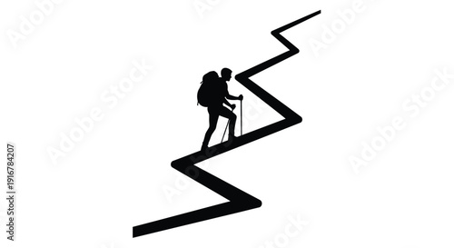 Hikers ascending a zigzag path in a stark black silhouette
