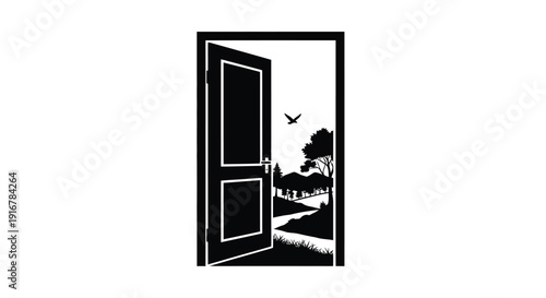 An open door revealing a landscape and flying bird silhouette