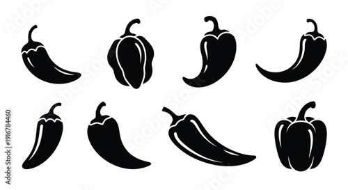 Collection of black chili pepper shapes in a minimalist silhouette