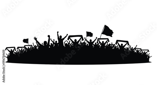 Crowd of cheering fans with raised hands a striking silhouette