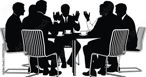 Business meeting silhouette team discussion coffee table corporate teamwork conversation office people collaboration professional vector illustration concept design