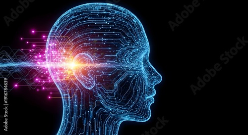 Digital human head silhouette in profile, constructed from glowing blue circuits with a bright beam of light exiting the temple