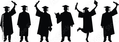 Graduation silhouettes, students celebrating, academic success, diploma ceremony, education achievement, commencement event, scholarly milestone, cap and gown, vector illustration, black icon
