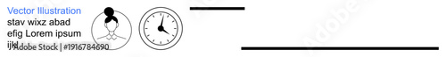 Productivity, efficiency, workflow, timekeeping, meeting deadlines, task management. Minimal icons of a clock and person with text. Time management and task tracking concepts