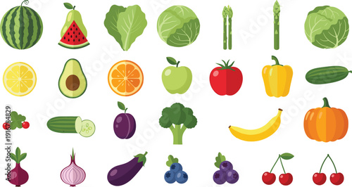 Flat Vector Icon Set of Fresh Fruits and Vegetables Including Watermelon Avocado Broccoli and Pumpkin Isolated on White Background