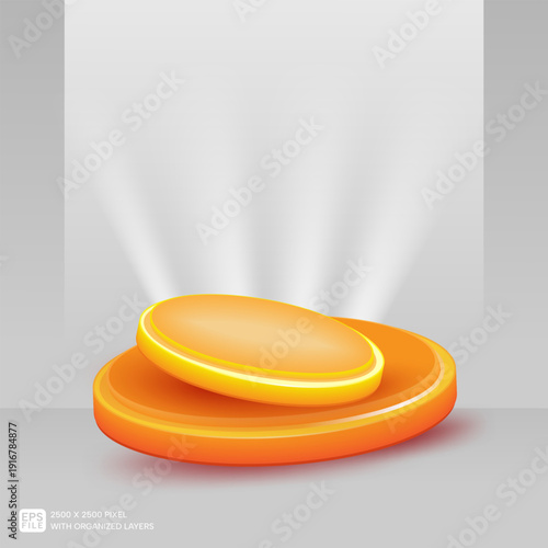 3d orange and yellow podium with spotlight rays for product display mockup